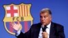 Joan Laporta, président du FC Barcelone, lors d'une conférence de presse au Camp Nou, Barcelone, Espagne, le 17 avril 2023.