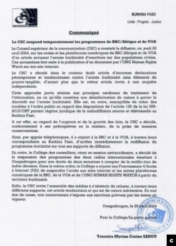 Communiqué du Burkina Faso sur la suspension temporaire de VOA et de la BBC.