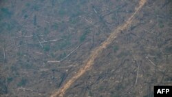 Foto dari udara yang menunjukkan area deforestasi pada hutan hujan Amazon di wilayah Cujubim, negara bagian Rondonia, di utara Brazil, yang diliputi asap, pada 20 Agustus 2024. (Foto: AFP/Evaristo Sa)