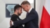 Poland's President Andrzej Duda greets Ukrainian President Volodymyr Zelenskyy at the Presidential Palace in Warsaw, Poland.