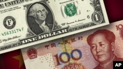 US one dollar bill and China 100 yuan note, on texture, partial graphic.