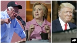 En Californie : Bernie Sanders à Santa Maria, le 28 mai 2016, Hillary Clinton à Oakland, le 27 mai 2016, et Donald Trump à Fresno, le 27 mai 2016.