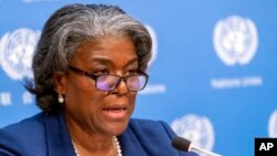 L'ambassadrice américaine aux Nations unies Linda Thomas-Greenfield lors d'une conférence de presse à New York, le 1er mars 2021.