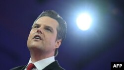 O deputado norte-americano Matt Gaetz, republicano da Florida, discursa na Conferência de Ação Política Conservadora (CPAC) em National Harbor, Maryland, a 23 de fevereiro de 2024.