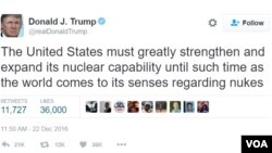 Ujumbe wa Trump kwenye tweeter yake juu ya kuimarisha silaha za nyuklia za Marekani