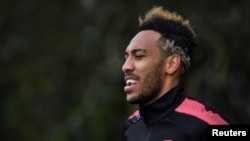L'attaquant gabonais d'Arsenal, Pierre-Emerick Aubameyang, sur le terrain d'Arsenal à Londres, le 4 avril 2018