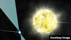 Dans cette illustration du National Radio Astronomy Observatory, une paire stellaire composée d'un pulsar et d'une naine blanche est visible.