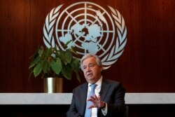 United Nations Secretary-General Antonio Guterres speaks during an interview with Reuters at U.N. headquarters in New York City, Sept. 14, 2020.