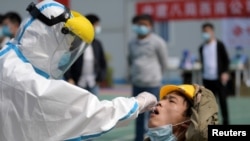 武漢一位醫護人員正在對一名建築工人提取進行核酸檢測的樣本。