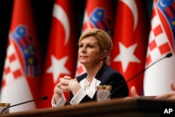 FILE - Croatia's President Kolinda Grabar-Kitarovic attends a news conference in Ankara, Turkey, Jan. 16, 2019.