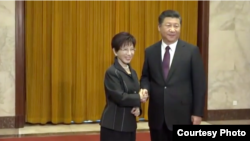 2016年11月1日時任台灣國民黨主席的洪秀柱在北京與中國國家主席習近平握手（取自洪秀柱臉書）