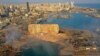 FILE - A drone picture shows the scene of an explosion that hit the seaport of Beirut, on Aug. 5, 2020. 