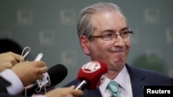FILE - President of Brazil's Chamber of Deputies Eduardo Cunha speaks during a news conference at the Chamber of Deputies in Brasilia, Brazil, Dec. 7, 2015. 