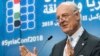 FILE - U.N. Special Envoy on Syria Staffan de Mistura addresses the media during a conference, "Supporting the Future of Syria and the Region," at the EU Council in Brussels, April 25, 2018.