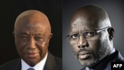 Le vice-président libérien Joseph Boakai, à gauche, 16 octobre 2017, et l’ancien joueur de football et ambassadeur de bonne volonté de l’Unesco, Goerges Weah, 5 août 2014, les deux candidats au second de la présidentielle au Liberia.