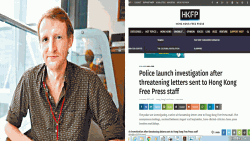 香港英文网媒“香港自由媒体”(Hong Kong Free Press)创办人兼总编辑汤姆.格兰迪等遭恐吓。 （苹果日报图片）