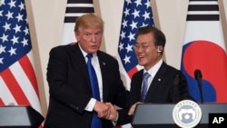 美國總統川普(左)與南韓總統文在寅在首爾的南韓總統府舉行聯合記者會。(2017年11月7日)