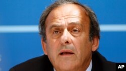 Le président de l’UEFA Michel Platini lors d’une conférence de presse au Forum Grimaldi à Monaco, Aout 2015. Source : AP
