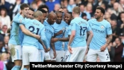 Les joueurs de Manchester City célèbrent après un but, 9 novembre 2017. (Twitter/Manchester City)