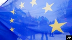 Les militants pro Union européenne sont vus à travers un drapeau de l'UE lors d'un rassemblement en face du bâtiment du ministère ukrainien de l'Intérieur à Kiev , en Ukraine , le 17 décembre 2013.